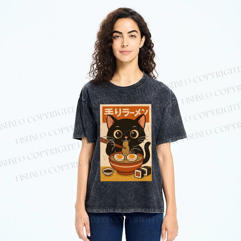 Unisex Ramen Cat Printed Washed Tee