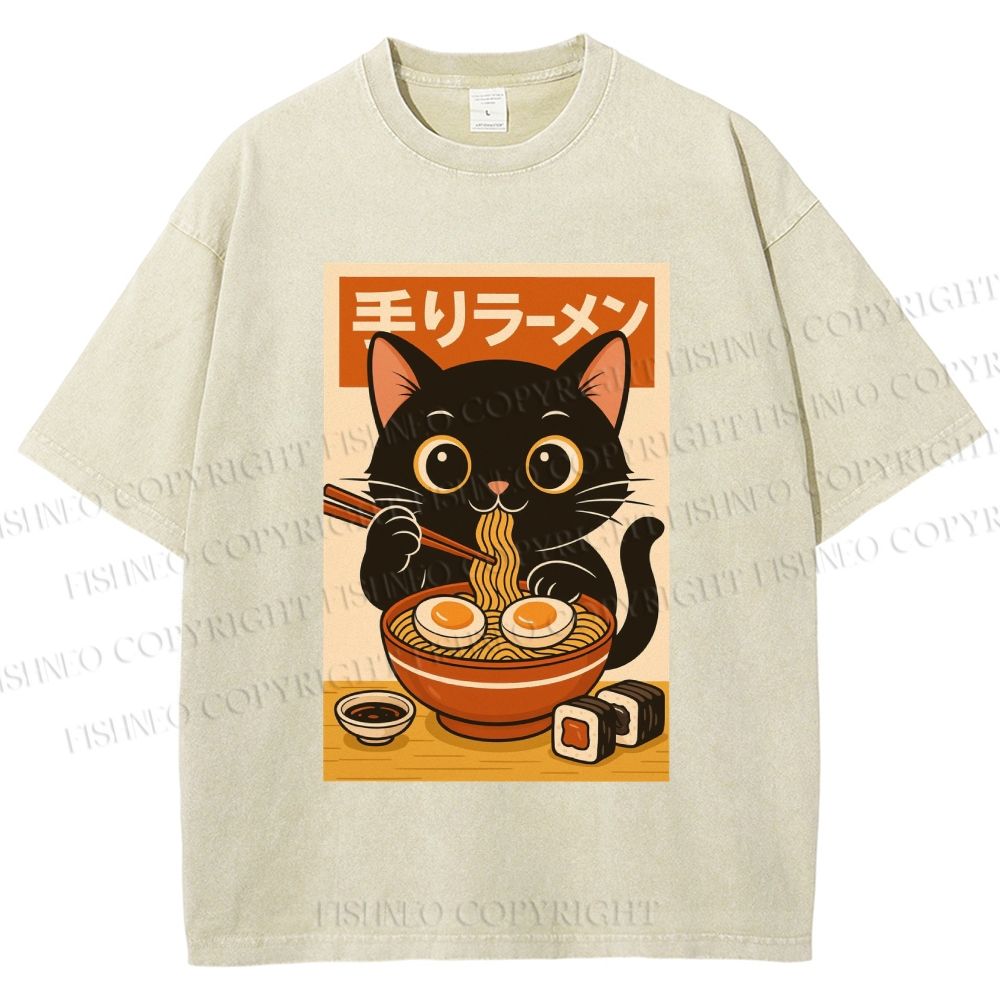 Unisex Ramen Cat Printed Washed Tee