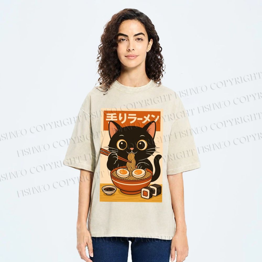 Unisex Ramen Cat Printed Washed Tee