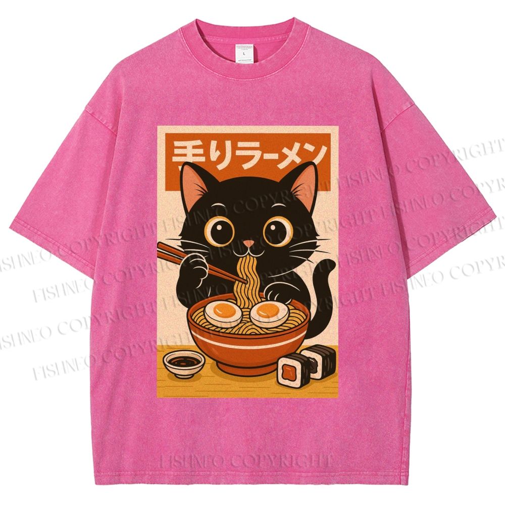 Unisex Ramen Cat Printed Washed Tee