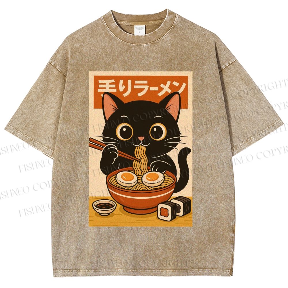 Unisex Ramen Cat Printed Washed Tee