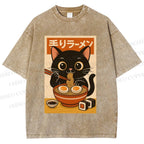 Unisex Ramen Cat Printed Washed Tee