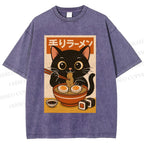Unisex Ramen Cat Printed Washed Tee