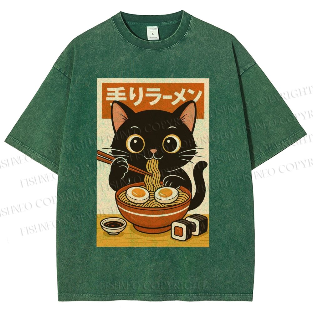 Unisex Ramen Cat Printed Washed Tee