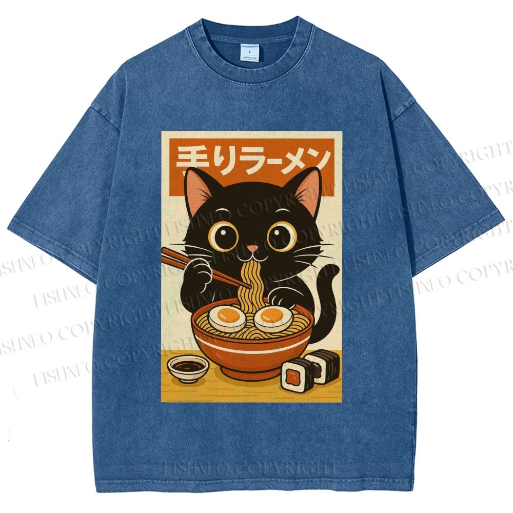 Unisex Ramen Cat Printed Washed Tee