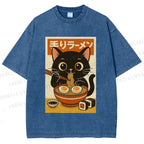 Unisex Ramen Cat Printed Washed Tee
