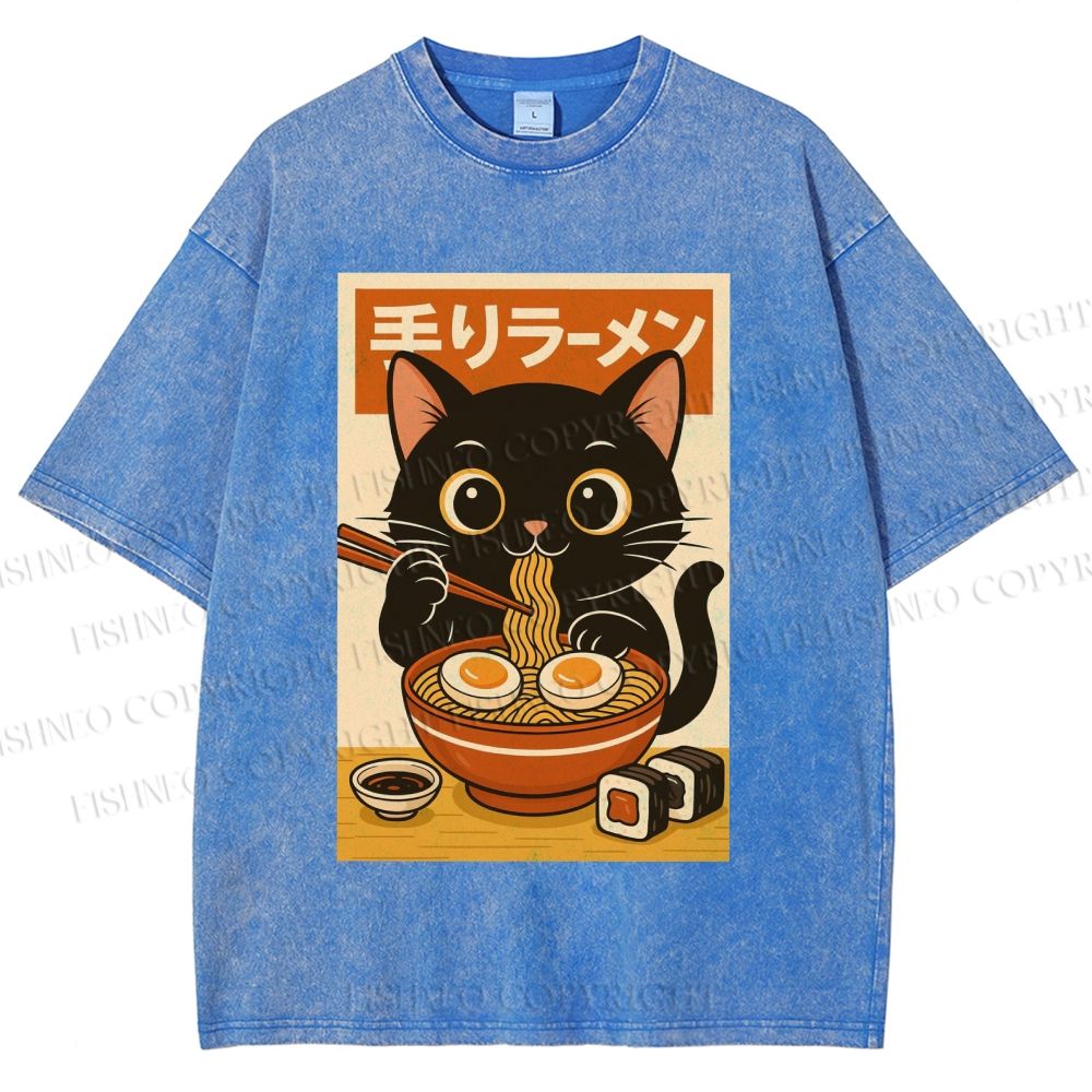Unisex Ramen Cat Printed Washed Tee
