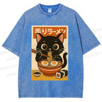 Unisex Ramen Cat Printed Washed Tee