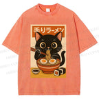 Unisex Ramen Cat Printed Washed Tee
