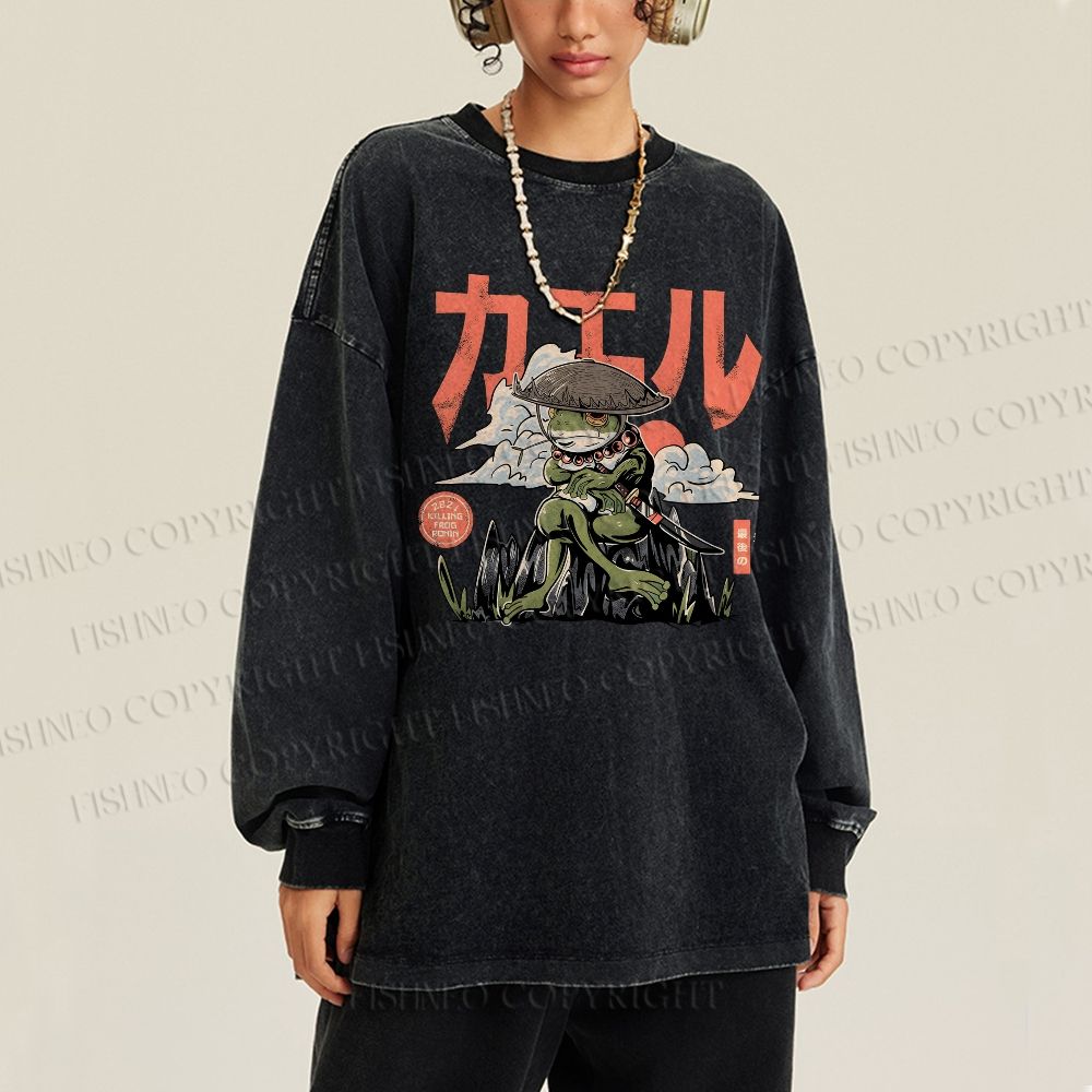 Unisex Casual Washed Japanese Ronin Frog Printed Long Sleeve T-shirt