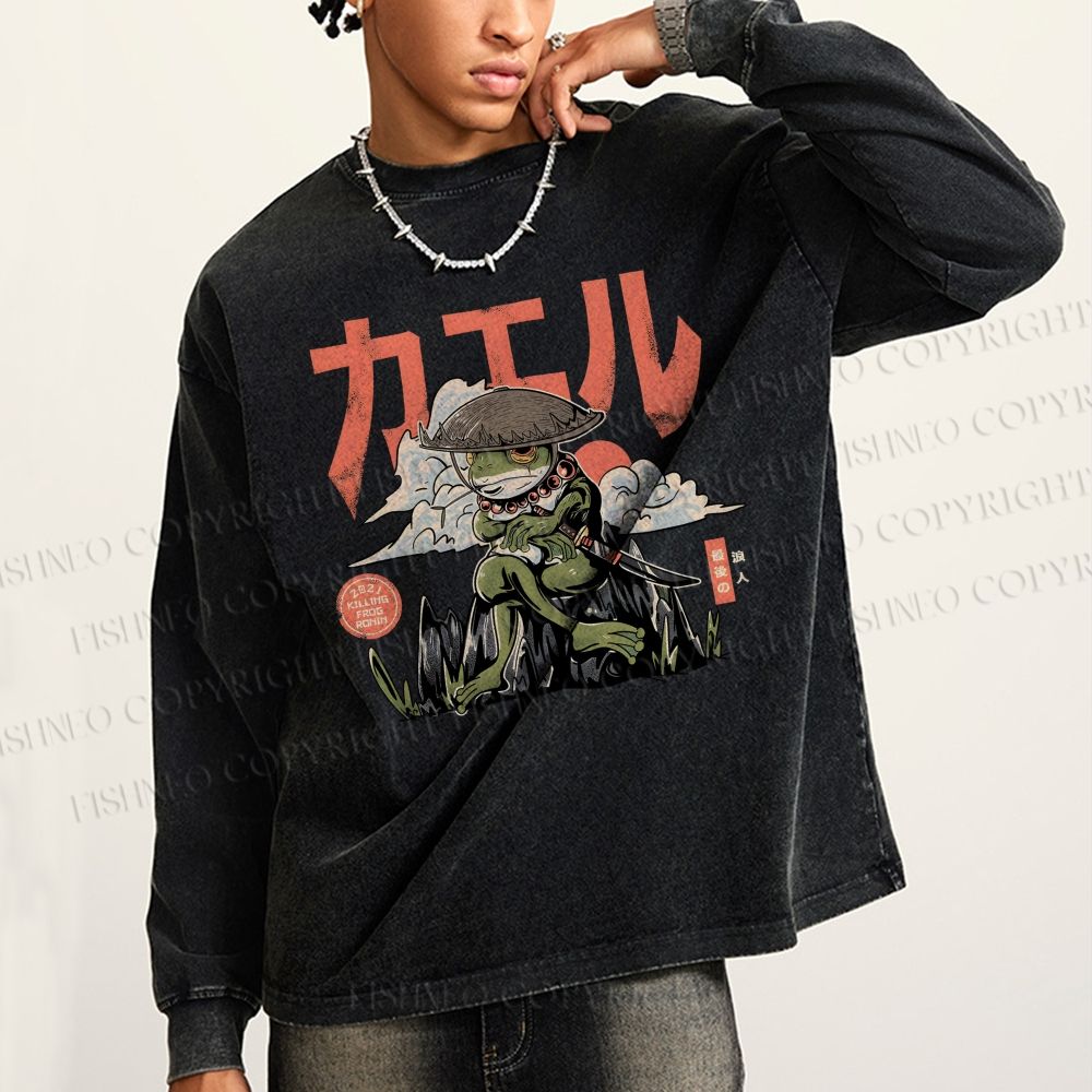 Unisex Casual Washed Japanese Ronin Frog Printed Long Sleeve T-shirt