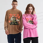 Unisex Casual Washed Japanese Ronin Frog Printed Long Sleeve T-shirt
