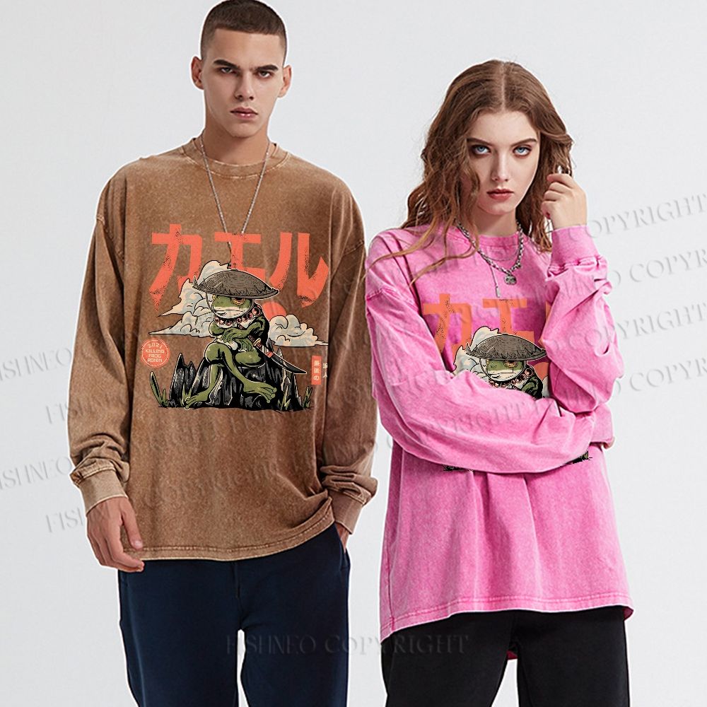 Unisex Casual Washed Japanese Ronin Frog Printed Long Sleeve T-shirt