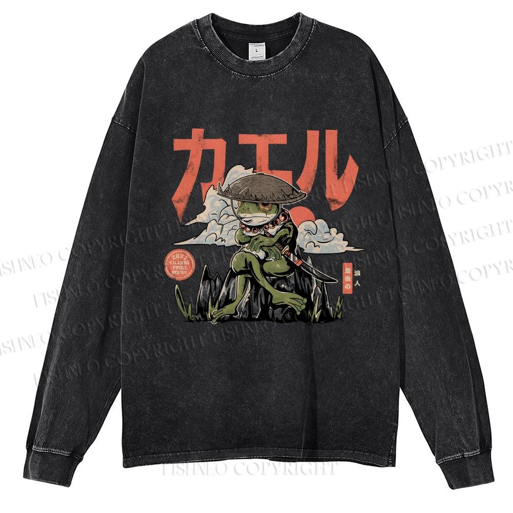 Unisex Casual Washed Japanese Ronin Frog Printed Long Sleeve T-shirt