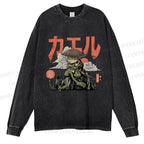 Unisex Casual Washed Japanese Ronin Frog Printed Long Sleeve T-shirt