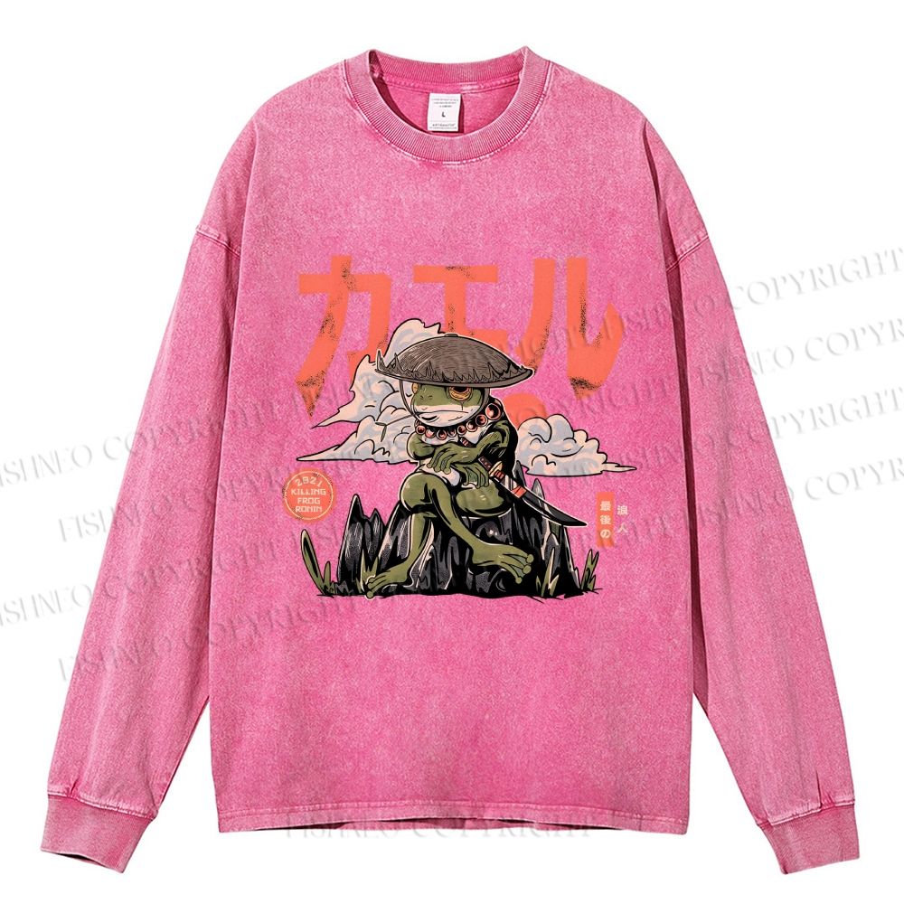 Unisex Casual Washed Japanese Ronin Frog Printed Long Sleeve T-shirt