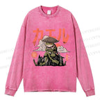 Unisex Casual Washed Japanese Ronin Frog Printed Long Sleeve T-shirt