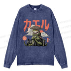 Unisex Casual Washed Japanese Ronin Frog Printed Long Sleeve T-shirt