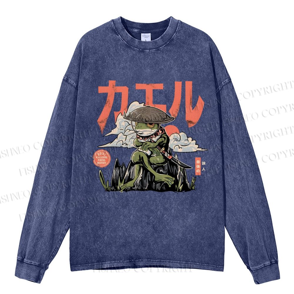 Unisex Casual Washed Japanese Ronin Frog Printed Long Sleeve T-shirt