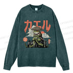 Unisex Casual Washed Japanese Ronin Frog Printed Long Sleeve T-shirt