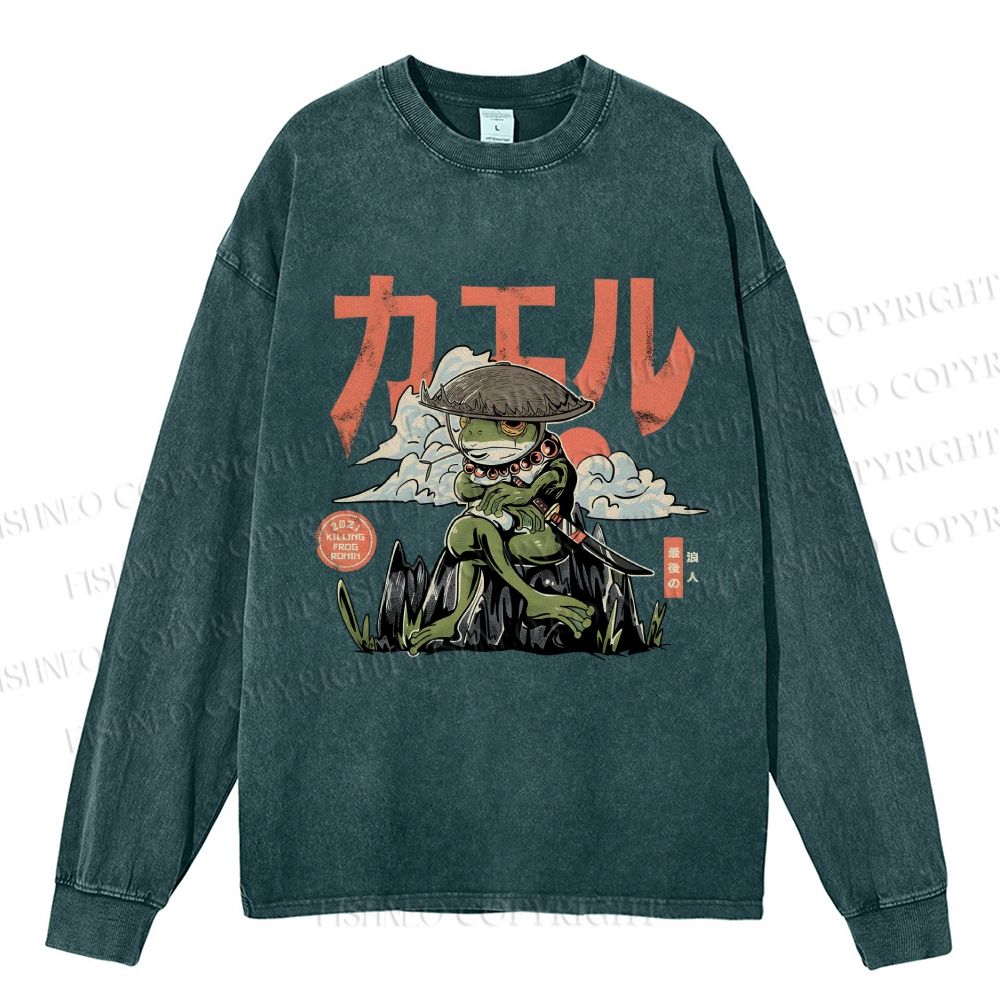 Unisex Casual Washed Japanese Ronin Frog Printed Long Sleeve T-shirt