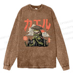 Unisex Casual Washed Japanese Ronin Frog Printed Long Sleeve T-shirt