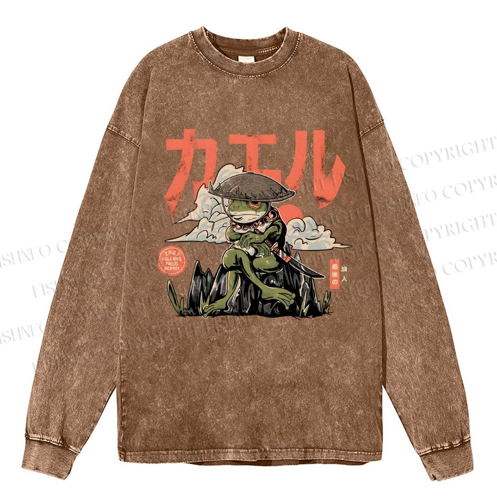 Unisex Casual Washed Japanese Ronin Frog Printed Long Sleeve T-shirt