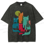 Unisex Overlapping Cats Printed Washed Tee