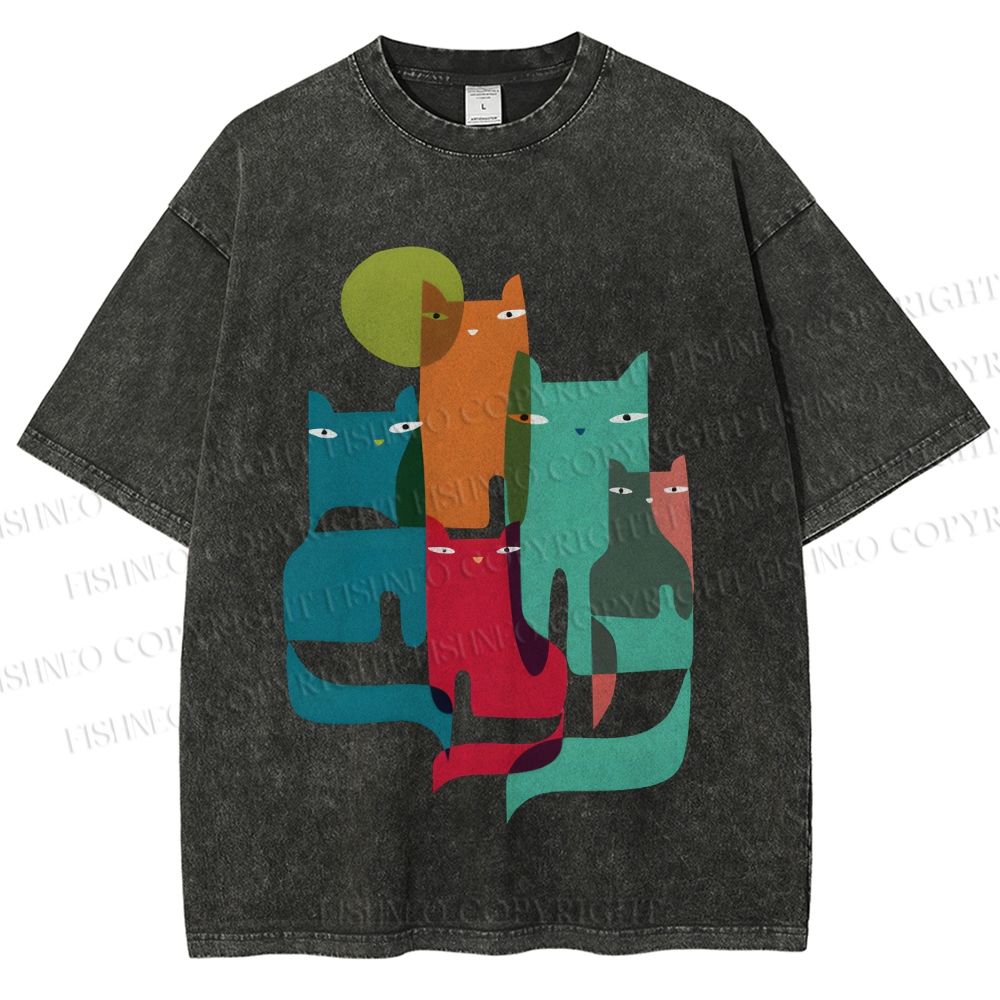 Unisex Overlapping Cats Printed Washed Tee