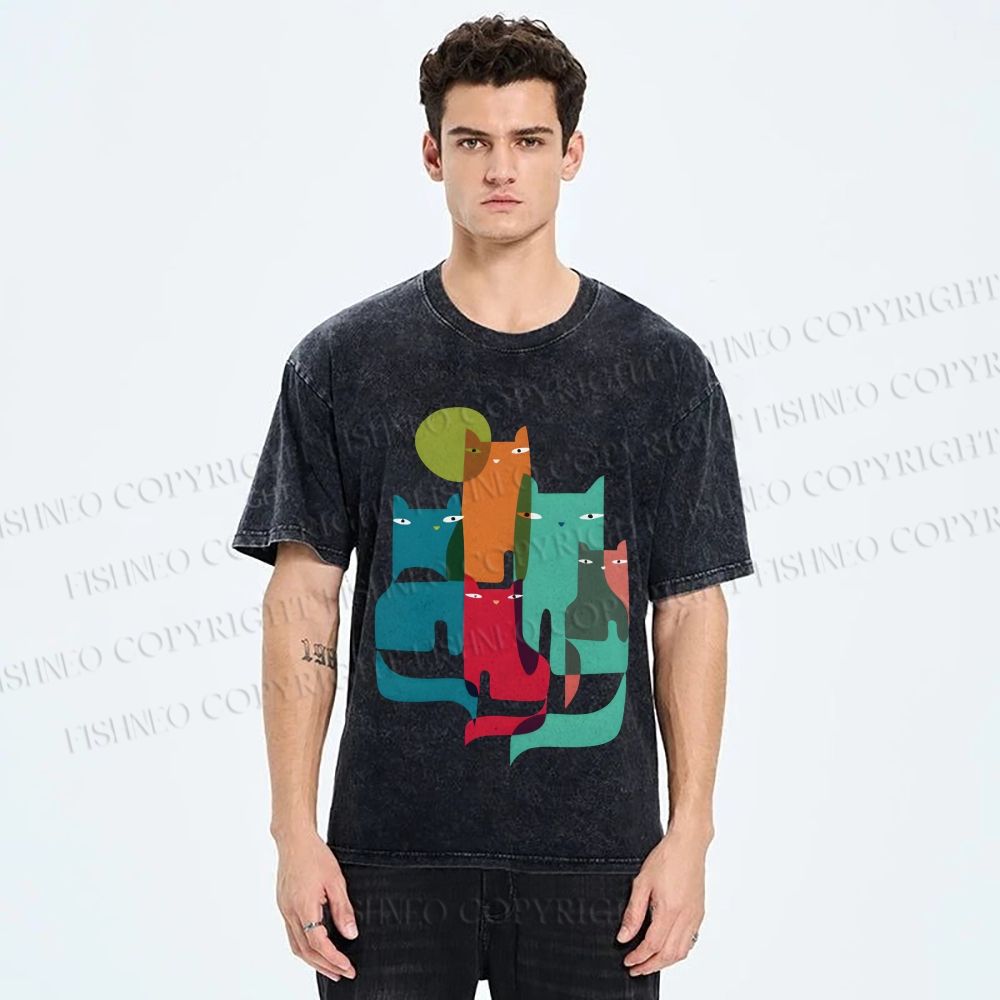 Unisex Overlapping Cats Printed Washed Tee