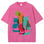 Unisex Overlapping Cats Printed Washed Tee