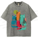 Unisex Overlapping Cats Printed Washed Tee