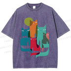 Unisex Overlapping Cats Printed Washed Tee