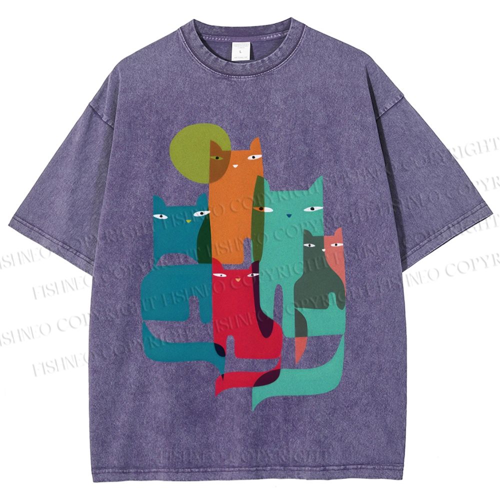 Unisex Overlapping Cats Printed Washed Tee