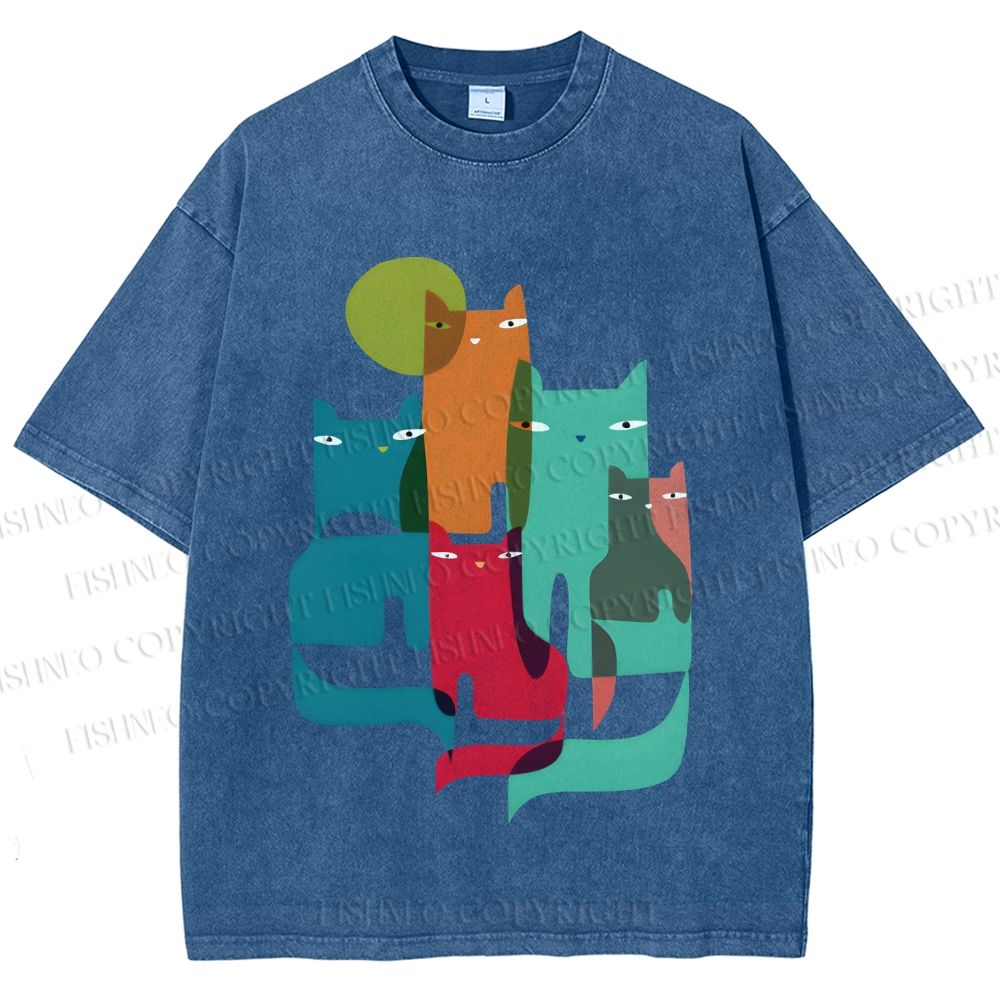 Unisex Overlapping Cats Printed Washed Tee