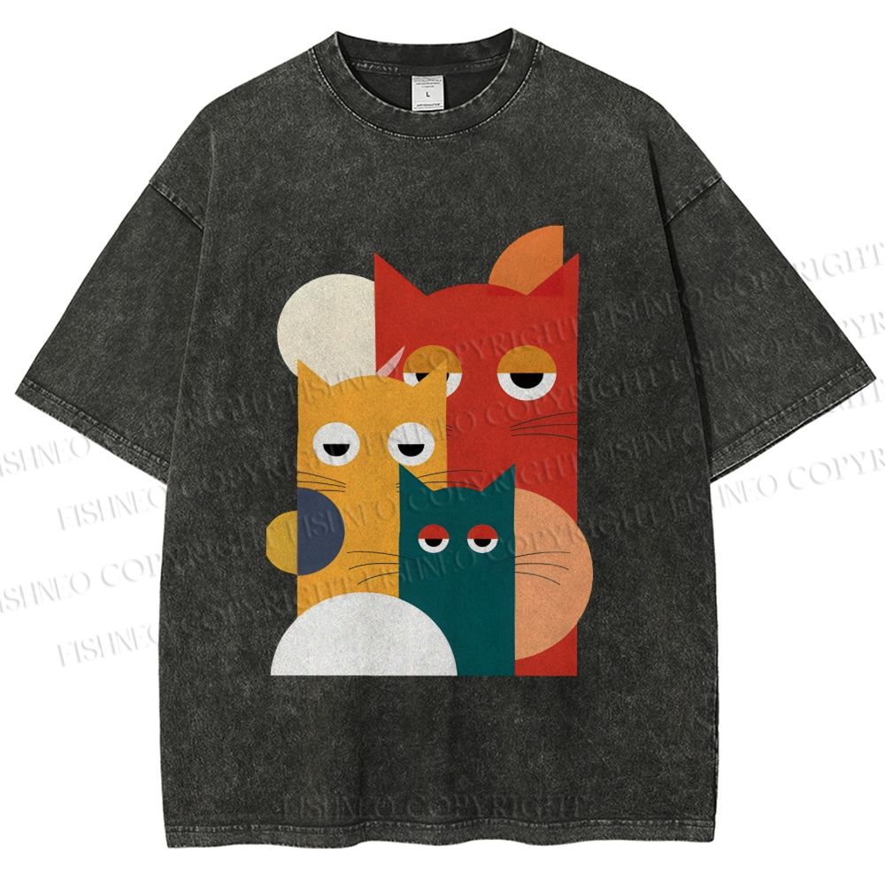 Unisex Geometry Cats Printed Washed Tee