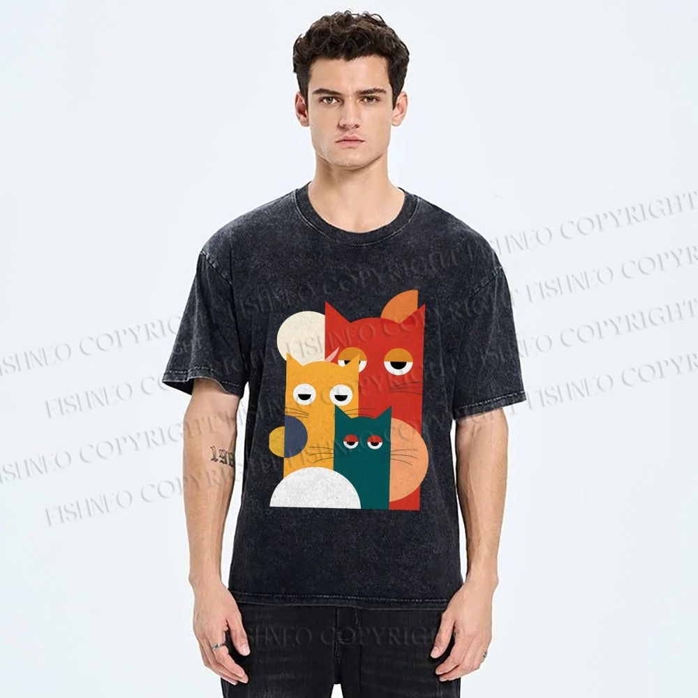 Unisex Geometry Cats Printed Washed Tee