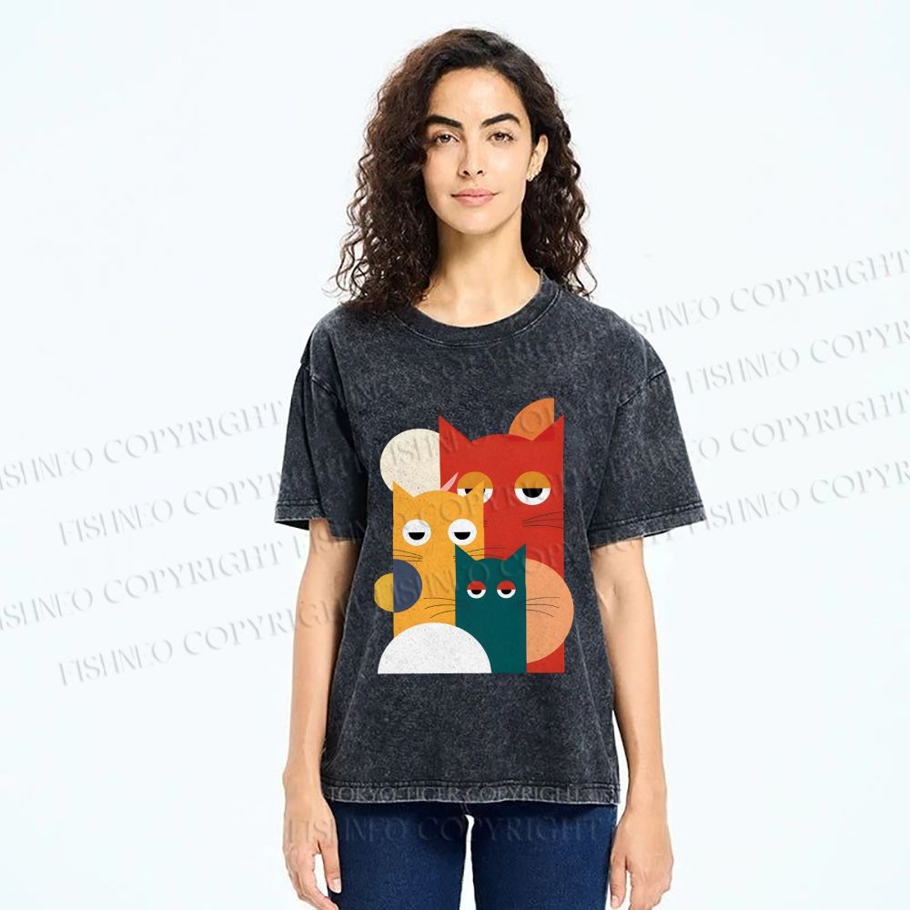 Unisex Geometry Cats Printed Washed Tee