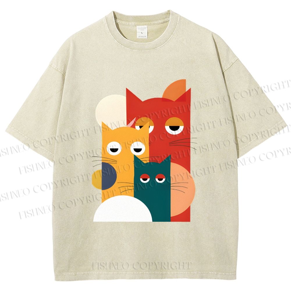 Unisex Geometry Cats Printed Washed Tee