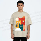 Unisex Geometry Cats Printed Washed Tee
