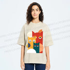 Unisex Geometry Cats Printed Washed Tee