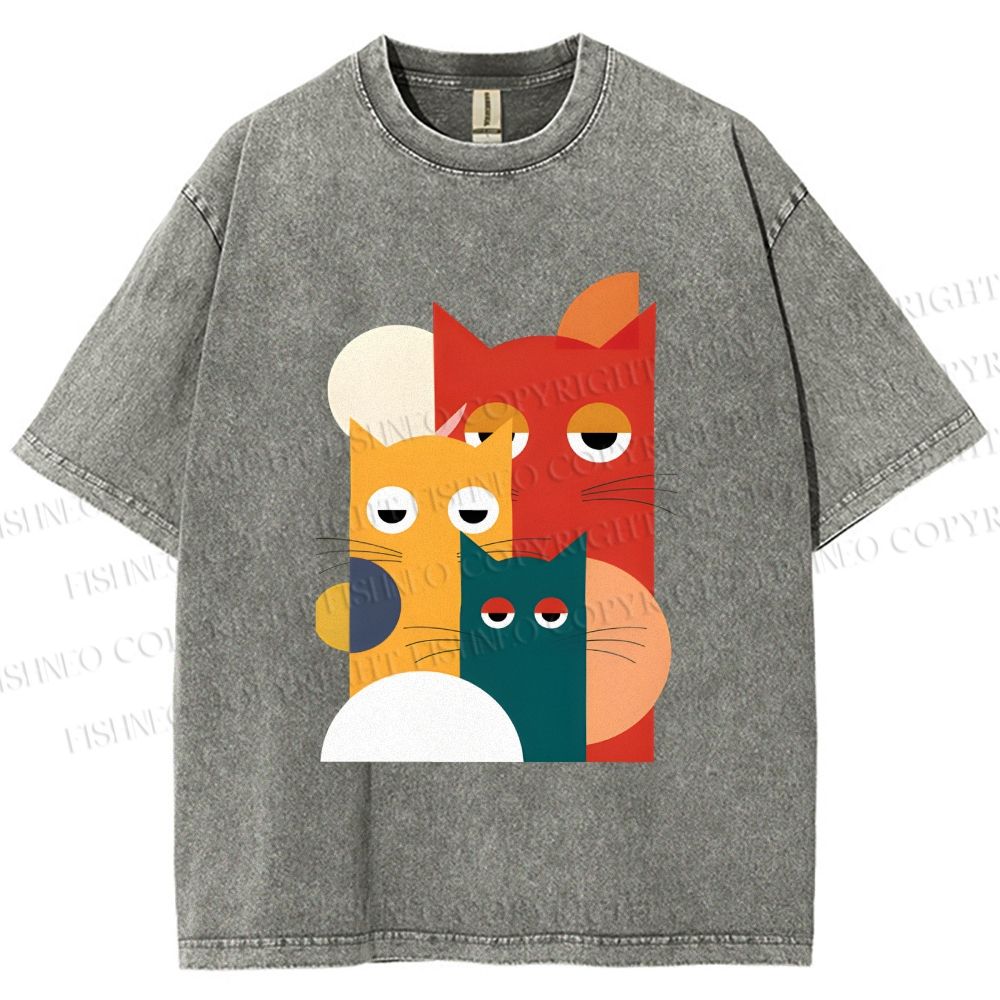 Unisex Geometry Cats Printed Washed Tee