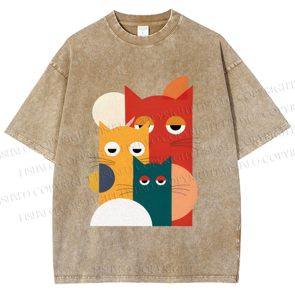 Unisex Geometry Cats Printed Washed Tee
