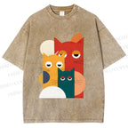 Unisex Geometry Cats Printed Washed Tee