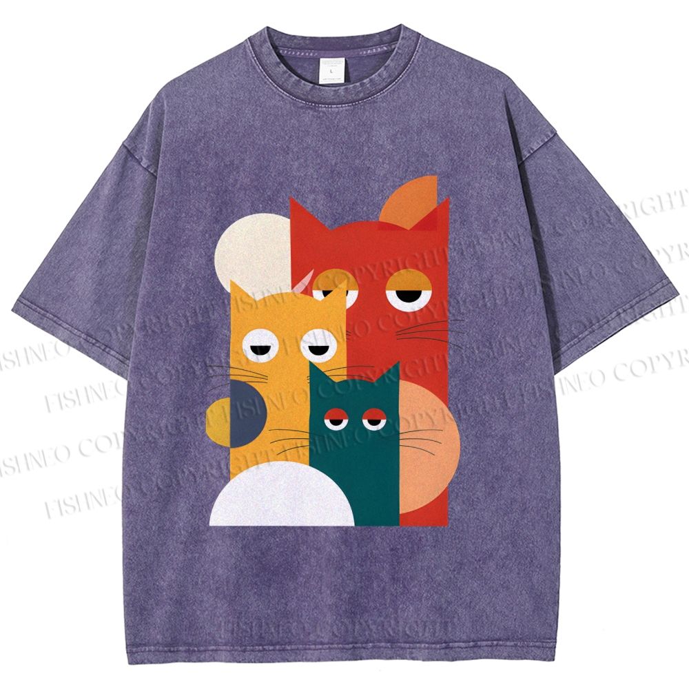 Unisex Geometry Cats Printed Washed Tee