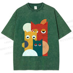 Unisex Geometry Cats Printed Washed Tee