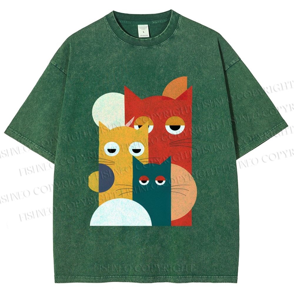 Unisex Geometry Cats Printed Washed Tee
