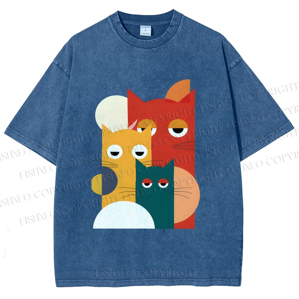Unisex Geometry Cats Printed Washed Tee
