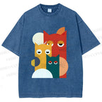Unisex Geometry Cats Printed Washed Tee