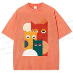 Unisex Geometry Cats Printed Washed Tee